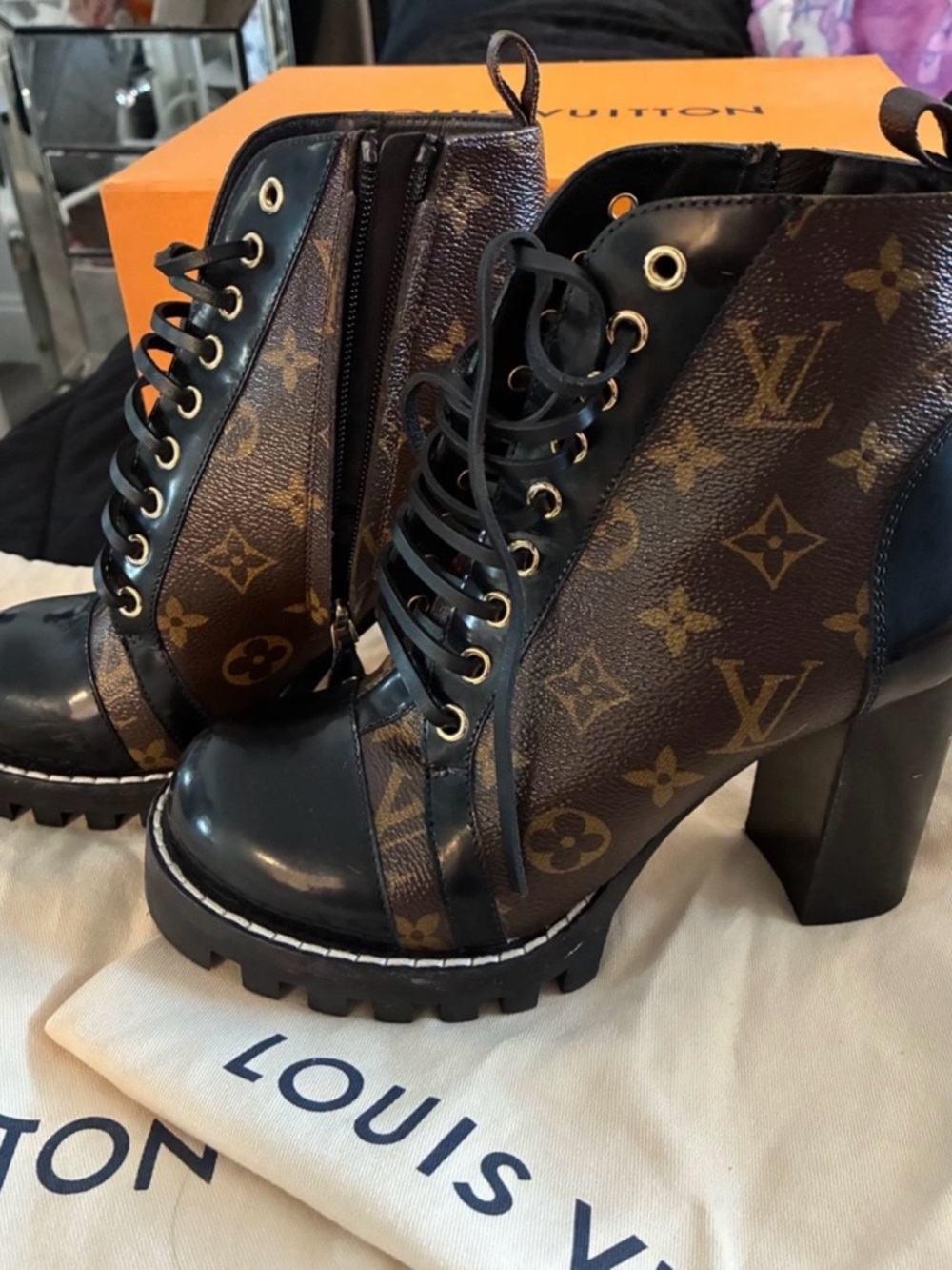 Louis Vuitton Brown Monogram Lace-Up Block Heel Ankle Boots